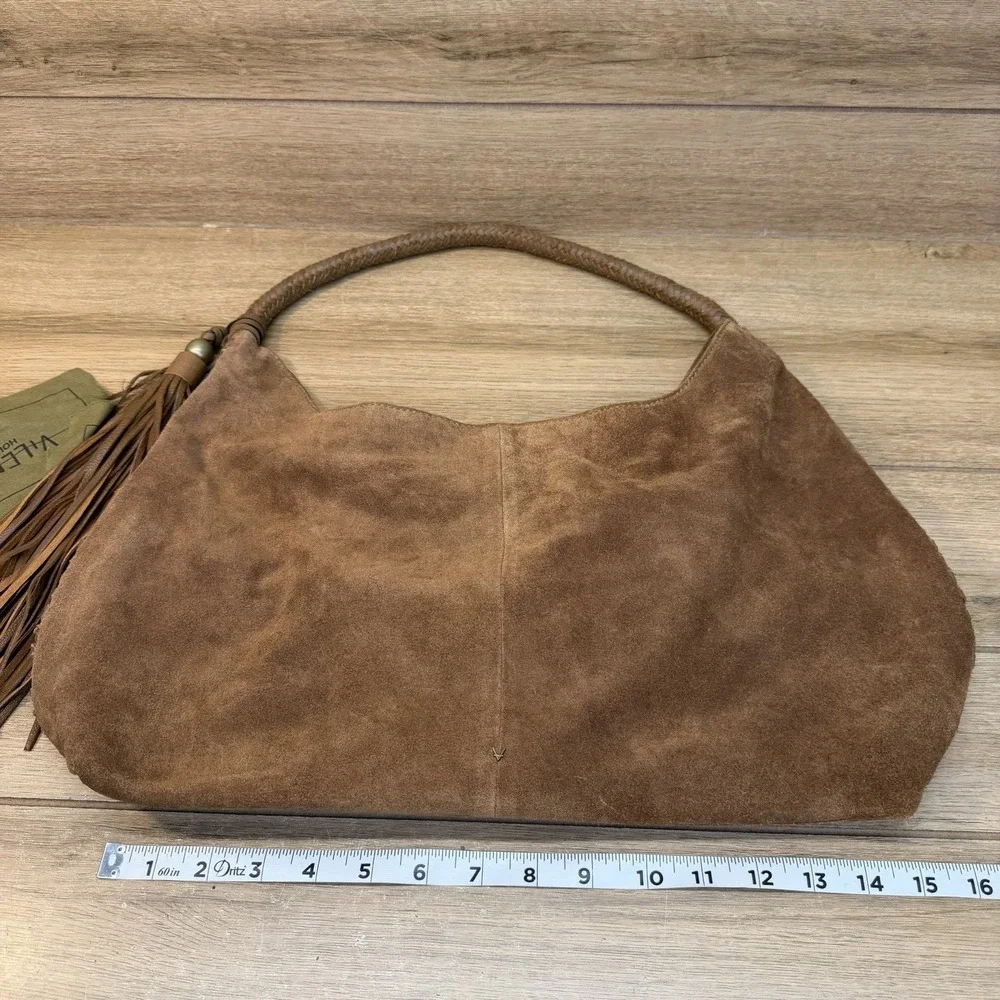 Vilenca Holland Suede Slouchy Hobo Shoulder Bag Brown Boho Whipstitch Tassel